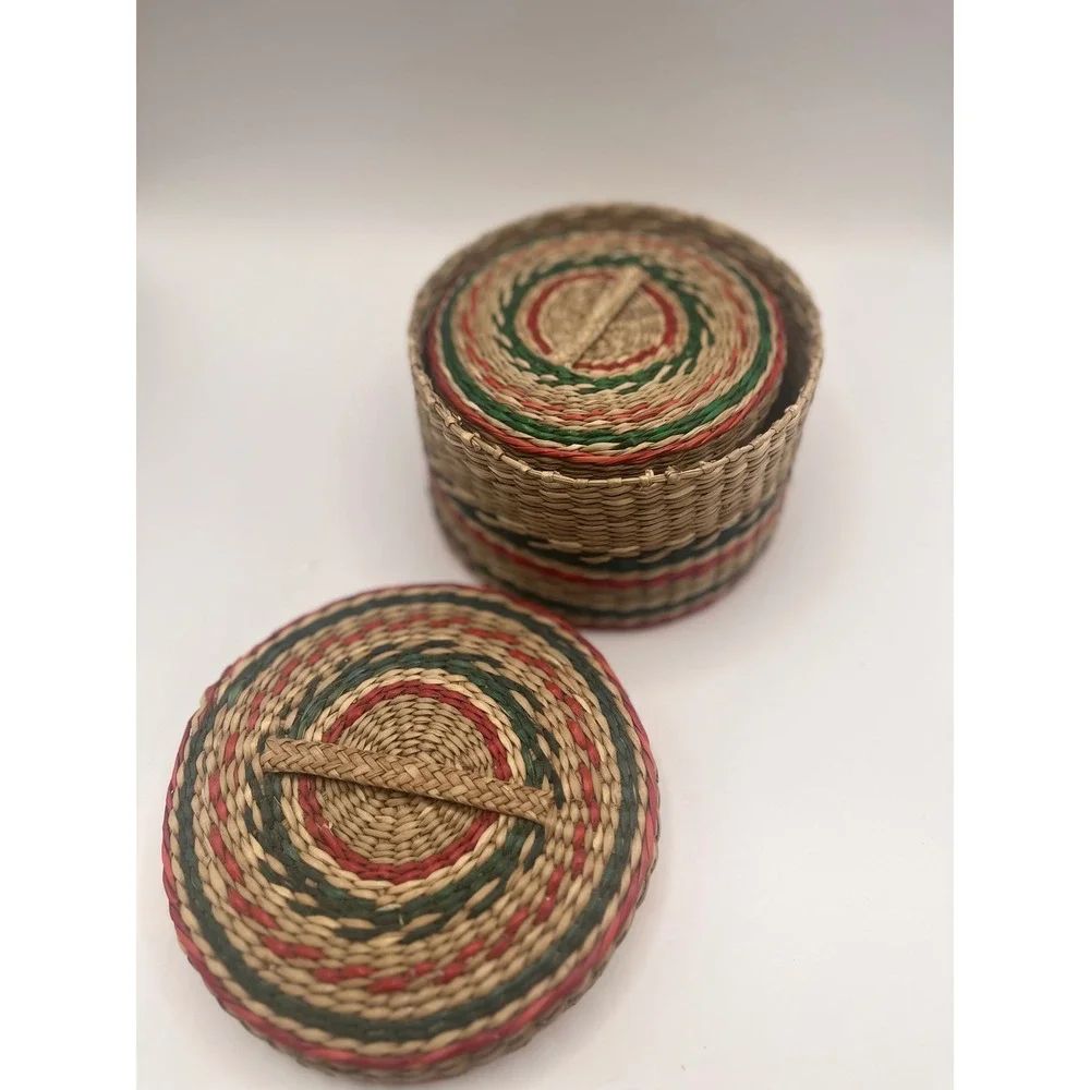 Vintage Woven Nesting Baskets with Lids Red Green Natural Straw Set of 2 Boho